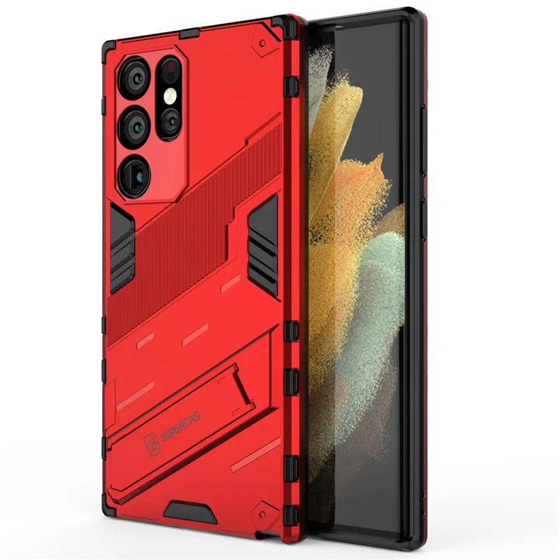 Shockproof TPU + PC Phone Back Cover Cellphone Case with Kickstand for Samsung Galaxy S22 Ultra 5G - Red