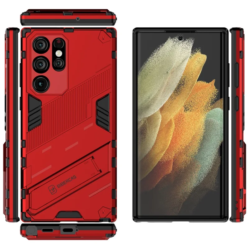 Shockproof TPU + PC Phone Back Cover Cellphone Case with Kickstand for Samsung Galaxy S22 Ultra 5G - Red