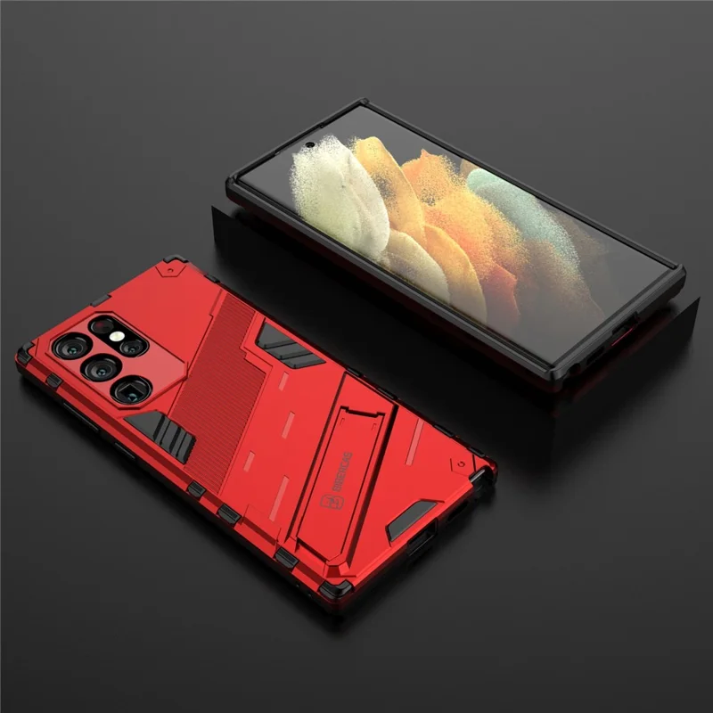 Shockproof TPU + PC Phone Back Cover Cellphone Case with Kickstand for Samsung Galaxy S22 Ultra 5G - Red