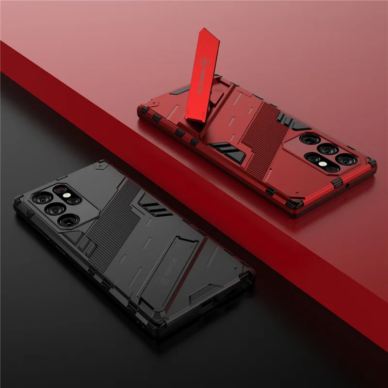 Shockproof TPU + PC Phone Back Cover Cellphone Case with Kickstand for Samsung Galaxy S22 Ultra 5G - Red