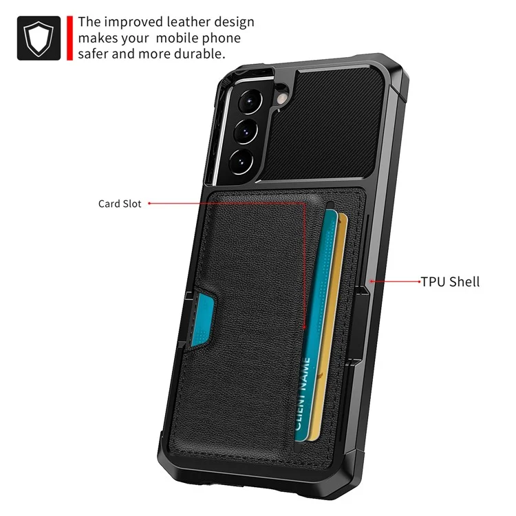 Portadores de Cartão à Prova de Choque ZM02 Kickstand PU Leather + TPU Hybrid Case Telefone [folha de Metal Magnético Embutido] Para Samsung Galaxy S22 + 5G - Preto