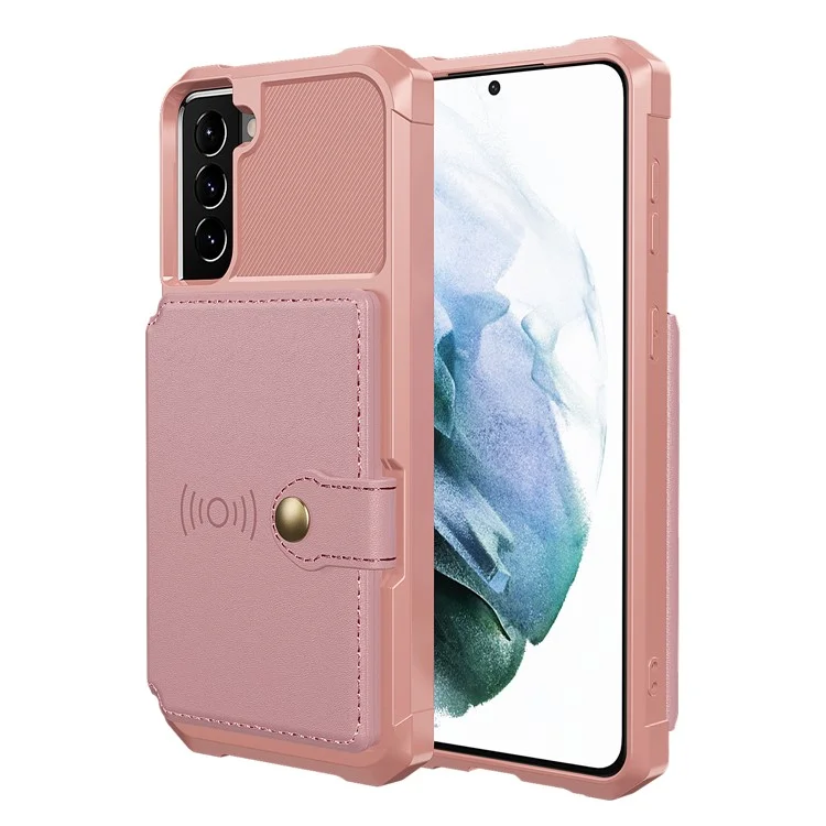 ZM03 Anti-Fingerprint-Kartenhalter Kickstand PU-Leder + TPU Hybrid Case Handy-Schale [Eingebaute magnetische Metallplatte] für Samsung Galaxy S22+ 5G - Rosa