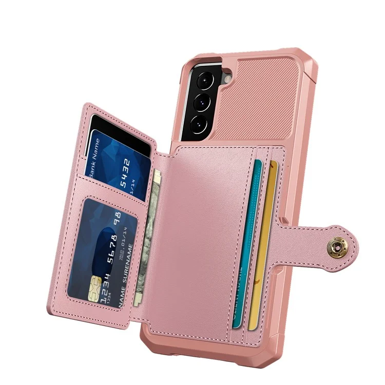 ZM03 Anti-Fingerprint-Kartenhalter Kickstand PU-Leder + TPU Hybrid Case Handy-Schale [Eingebaute magnetische Metallplatte] für Samsung Galaxy S22+ 5G - Rosa