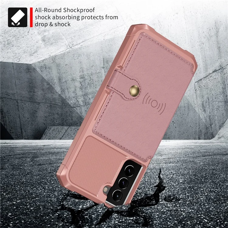 ZM03 Anti-Fingerprint-Kartenhalter Kickstand PU-Leder + TPU Hybrid Case Handy-Schale [Eingebaute magnetische Metallplatte] für Samsung Galaxy S22+ 5G - Rosa
