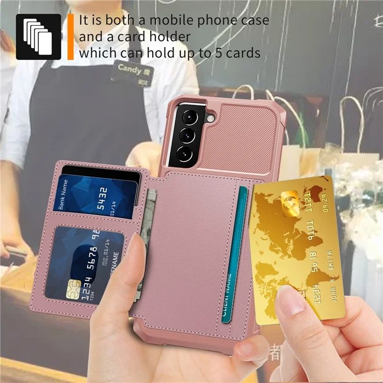 ZM03 Anti-Fingerprint-Kartenhalter Kickstand PU-Leder + TPU Hybrid Case Handy-Schale [Eingebaute magnetische Metallplatte] für Samsung Galaxy S22+ 5G - Rosa