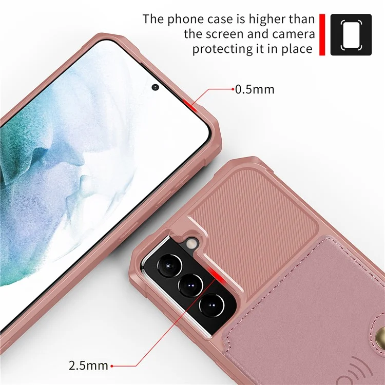 ZM03 Anti-Fingerprint-Kartenhalter Kickstand PU-Leder + TPU Hybrid Case Handy-Schale [Eingebaute magnetische Metallplatte] für Samsung Galaxy S22+ 5G - Rosa