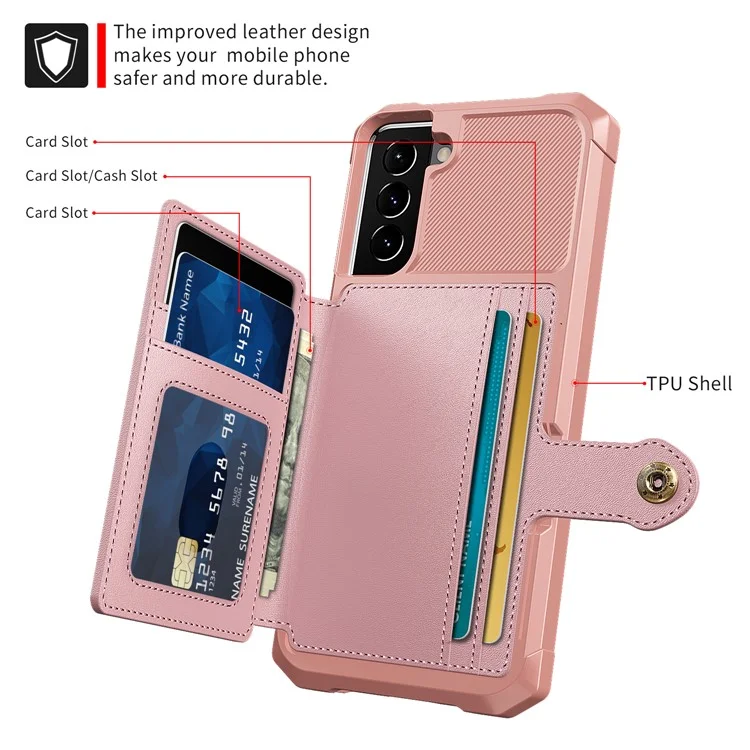 ZM03 Anti-Fingerprint-Kartenhalter Kickstand PU-Leder + TPU Hybrid Case Handy-Schale [Eingebaute magnetische Metallplatte] für Samsung Galaxy S22+ 5G - Rosa