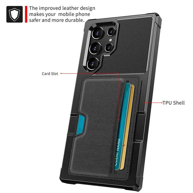 ZM02 Built-in Magnetic Metal Sheet Shockproof Card Holder PU Leather + TPU Hybrid Case Phone Cover for Samsung Galaxy S22 Ultra 5G - Black