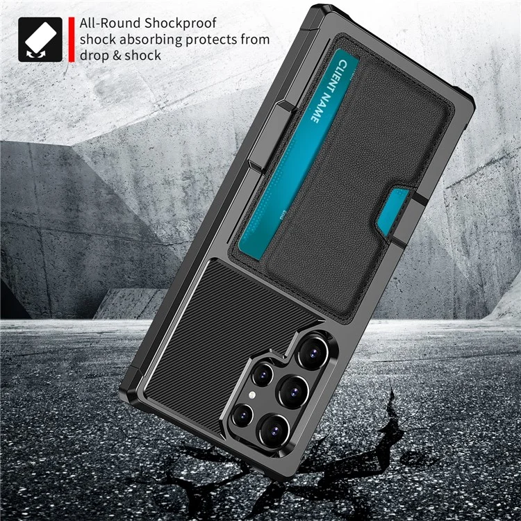 ZM02 Built-in Magnetic Metal Sheet Shockproof Card Holder PU Leather + TPU Hybrid Case Phone Cover for Samsung Galaxy S22 Ultra 5G - Black