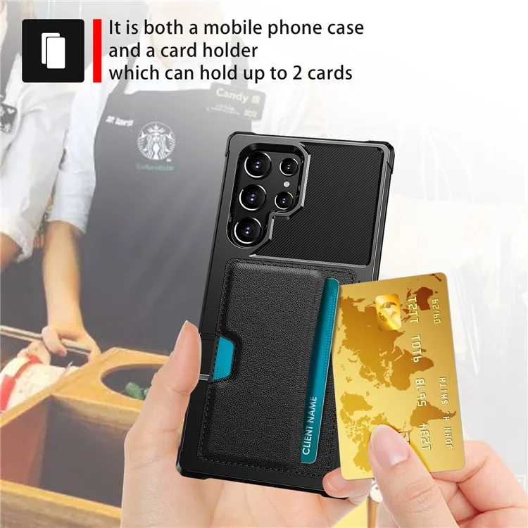 ZM02 Built-in Magnetic Metal Sheet Shockproof Card Holder PU Leather + TPU Hybrid Case Phone Cover for Samsung Galaxy S22 Ultra 5G - Black