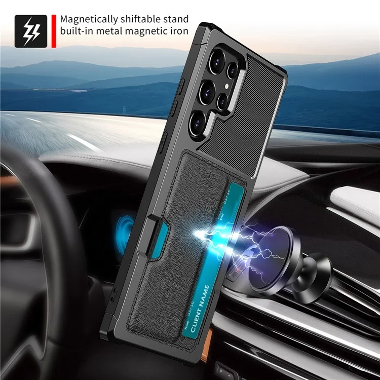 ZM02 Built-in Magnetic Metal Sheet Shockproof Card Holder PU Leather + TPU Hybrid Case Phone Cover for Samsung Galaxy S22 Ultra 5G - Black