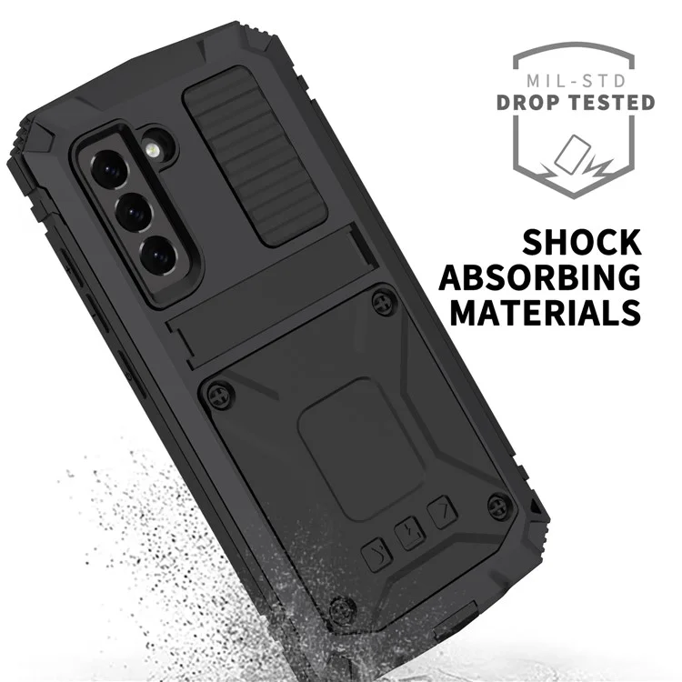 R-JUST Drop-proof Dust-proof Waterproof Full Protection PC + Silicone + Metal Phone Case with Kickstand for Samsung Galaxy S21 FE 5G - Black