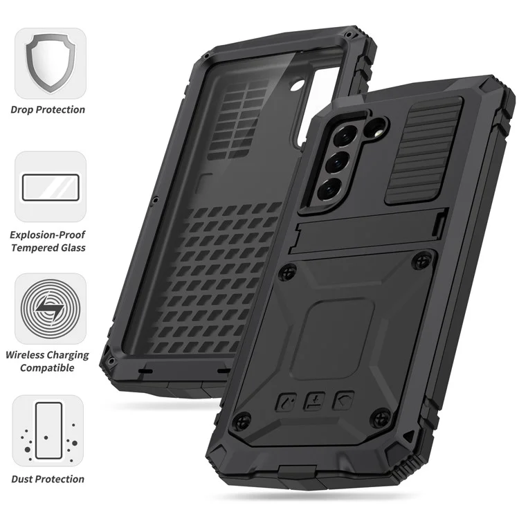 R-JUST Drop-proof Dust-proof Waterproof Full Protection PC + Silicone + Metal Phone Case with Kickstand for Samsung Galaxy S21 FE 5G - Black