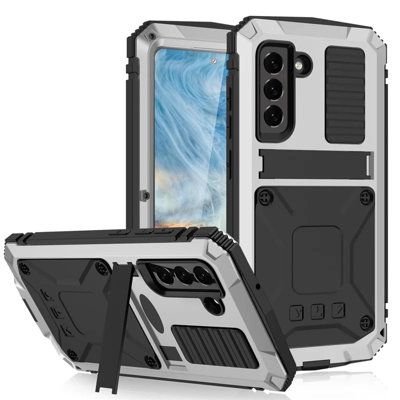 R-JUST Drop-proof Dust-proof Waterproof Full Protection PC + Silicone + Metal Phone Case with Kickstand for Samsung Galaxy S21 FE 5G - Silver
