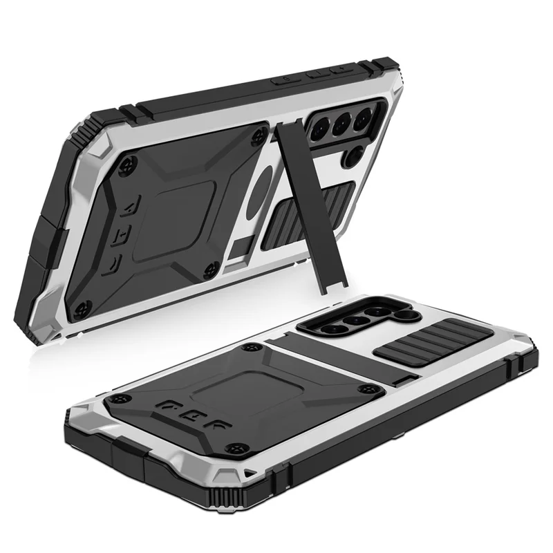 R-JUST Drop-proof Dust-proof Waterproof Full Protection PC + Silicone + Metal Phone Case with Kickstand for Samsung Galaxy S21 FE 5G - Silver