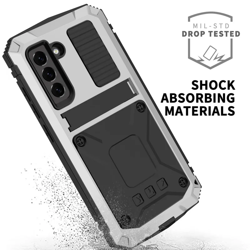 R-JUST Drop-proof Dust-proof Waterproof Full Protection PC + Silicone + Metal Phone Case with Kickstand for Samsung Galaxy S21 FE 5G - Silver