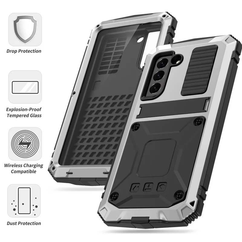 R-JUST Drop-proof Dust-proof Waterproof Full Protection PC + Silicone + Metal Phone Case with Kickstand for Samsung Galaxy S21 FE 5G - Silver