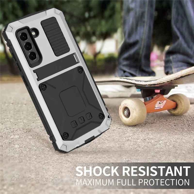 R-JUST Drop-proof Dust-proof Waterproof Full Protection PC + Silicone + Metal Phone Case with Kickstand for Samsung Galaxy S21 FE 5G - Silver