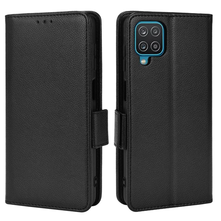 Funda de teléfono con doble cierre magnético de piel de poliuretano + TPU, textura de litchi, con soporte, para Samsung Galaxy A12/A12 Nacho - Negro