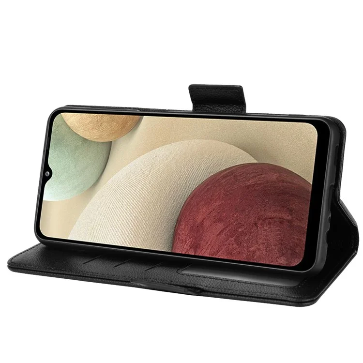 Funda de teléfono con doble cierre magnético de piel de poliuretano + TPU, textura de litchi, con soporte, para Samsung Galaxy A12/A12 Nacho - Negro