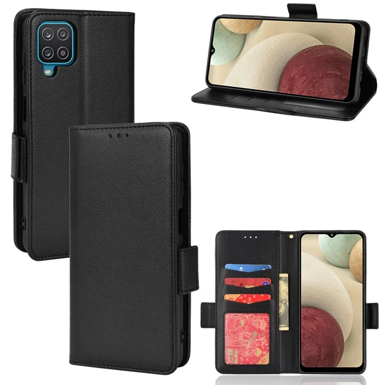 Funda de teléfono con doble cierre magnético de piel de poliuretano + TPU, textura de litchi, con soporte, para Samsung Galaxy A12/A12 Nacho - Negro