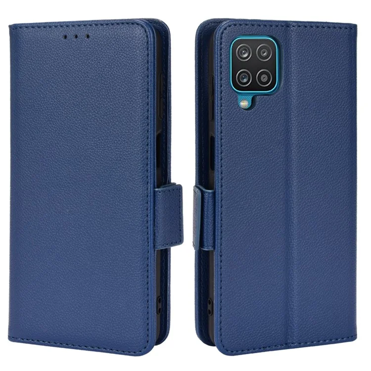 PU Leather + TPU Phone Case Double Magnetic Clasps Litchi Texture Wallet Shell with Stand for Samsung Galaxy A12/A12 Nacho - Dark Blue