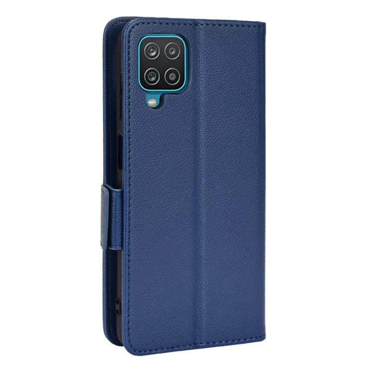 PU Leather + TPU Phone Case Double Magnetic Clasps Litchi Texture Wallet Shell with Stand for Samsung Galaxy A12/A12 Nacho - Dark Blue