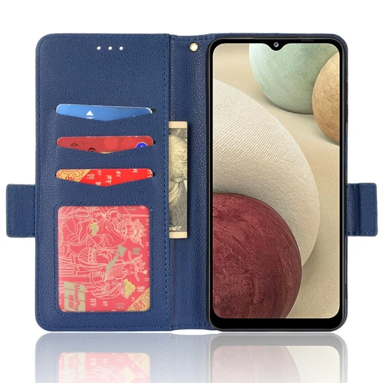 PU Leather + TPU Phone Case Double Magnetic Clasps Litchi Texture Wallet Shell with Stand for Samsung Galaxy A12/A12 Nacho - Dark Blue