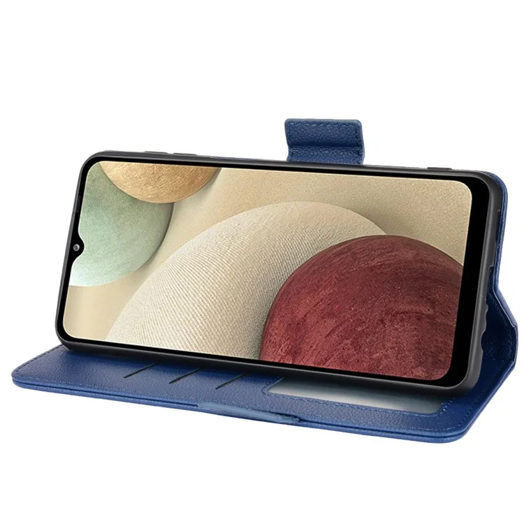 PU Leather + TPU Phone Case Double Magnetic Clasps Litchi Texture Wallet Shell with Stand for Samsung Galaxy A12/A12 Nacho - Dark Blue