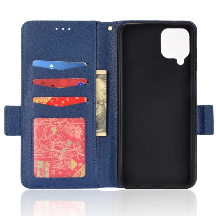 PU Leather + TPU Phone Case Double Magnetic Clasps Litchi Texture Wallet Shell with Stand for Samsung Galaxy A12/A12 Nacho - Dark Blue