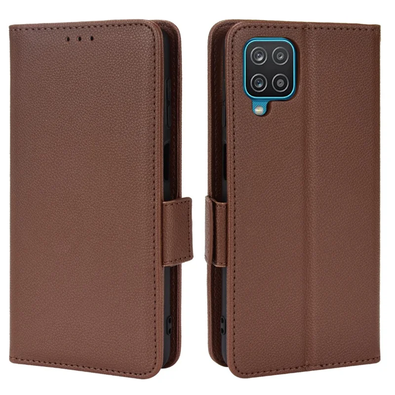 PU Leather + TPU Phone Case Double Magnetic Clasps Litchi Texture Wallet Shell with Stand for Samsung Galaxy A12/A12 Nacho - Brown