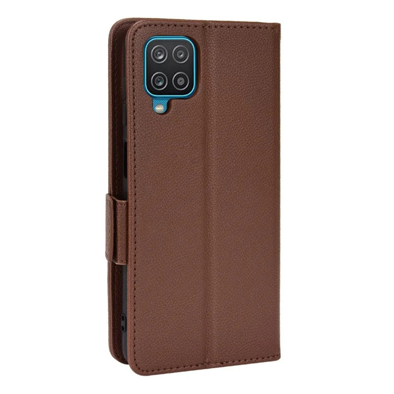 PU Leather + TPU Phone Case Double Magnetic Clasps Litchi Texture Wallet Shell with Stand for Samsung Galaxy A12/A12 Nacho - Brown