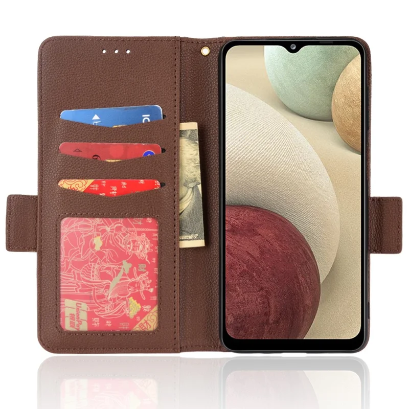 PU Leather + TPU Phone Case Double Magnetic Clasps Litchi Texture Wallet Shell with Stand for Samsung Galaxy A12/A12 Nacho - Brown