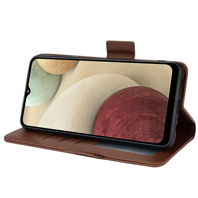 PU Leather + TPU Phone Case Double Magnetic Clasps Litchi Texture Wallet Shell with Stand for Samsung Galaxy A12/A12 Nacho - Brown