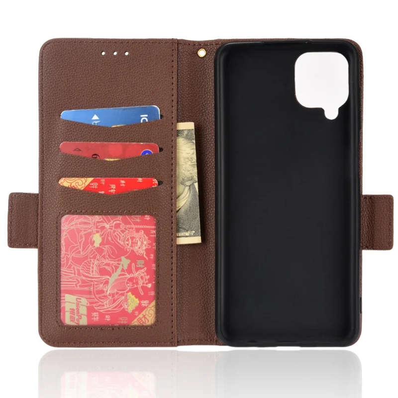 PU Leather + TPU Phone Case Double Magnetic Clasps Litchi Texture Wallet Shell with Stand for Samsung Galaxy A12/A12 Nacho - Brown