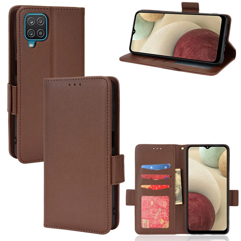 PU Leather + TPU Phone Case Double Magnetic Clasps Litchi Texture Wallet Shell with Stand for Samsung Galaxy A12/A12 Nacho - Brown