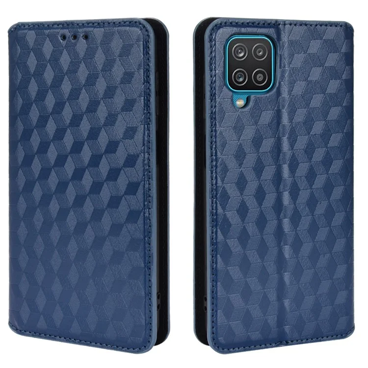 3D Rhombus Imprinting Stylish Well-protected Leather Phone Case Stand Wallet Cover for Samsung Galaxy A12/A12 Nacho - Blue