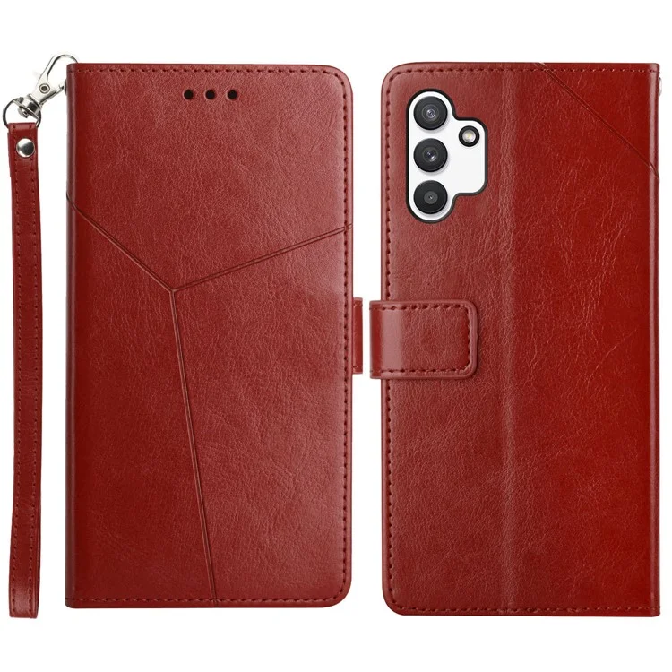 For Samsung Galaxy A13 4G Handy Strap Mobile Phone Cover Y-shaped Lines Imprinted Magnetic PU Leather Stand Wallet Ca - Brown