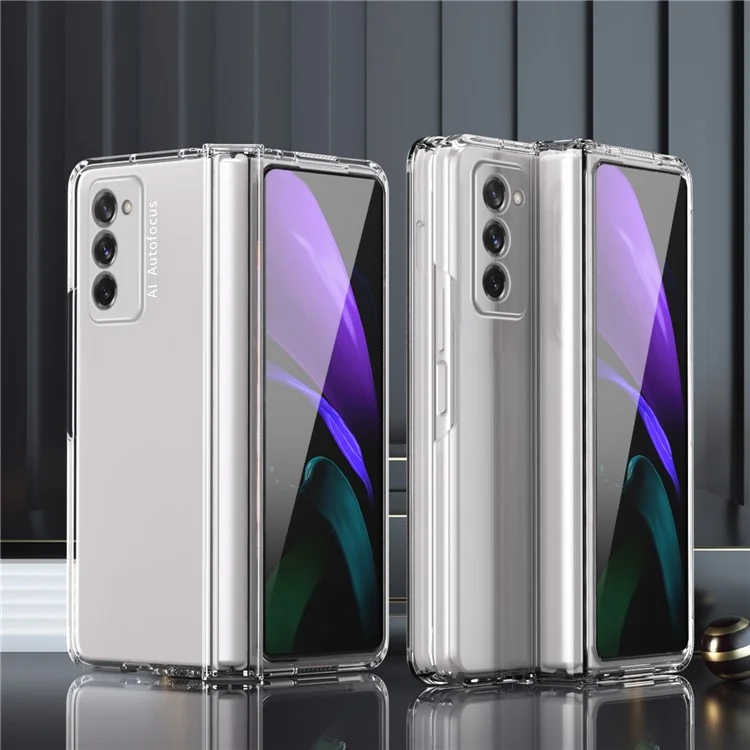 Full Protection Hinge Design Hard PC Folding Phone Case Cover with Glass Screen Protector for Samsung Galaxy Z Fold2 5G - Transparent