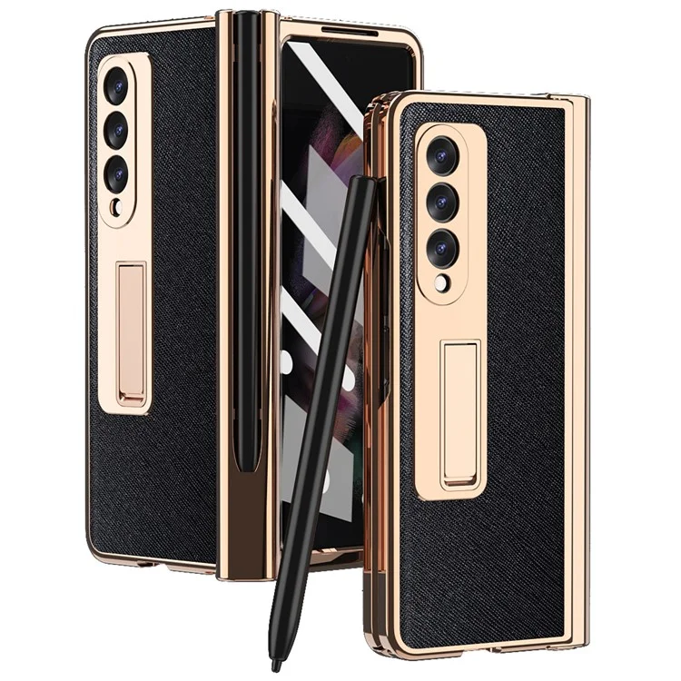 Diseño Protector de Pantalla Textura Cruzada PU Cuero TPU + PC Case de Teléfono Con Soporte Para Lápiz de Bisagra y Pateador Para Samsung Galaxy Z Fold3 5G - Negro