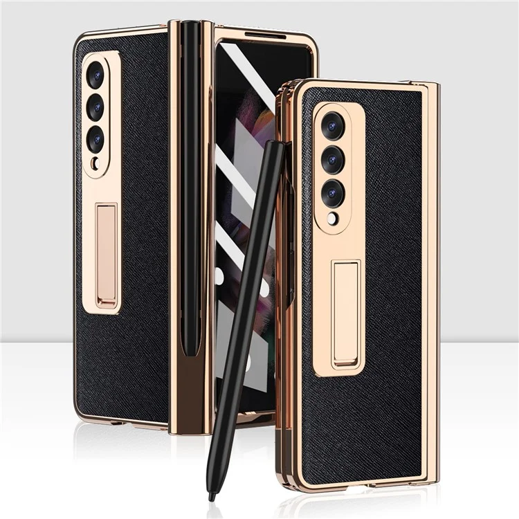 Diseño Protector de Pantalla Textura Cruzada PU Cuero TPU + PC Case de Teléfono Con Soporte Para Lápiz de Bisagra y Pateador Para Samsung Galaxy Z Fold3 5G - Negro