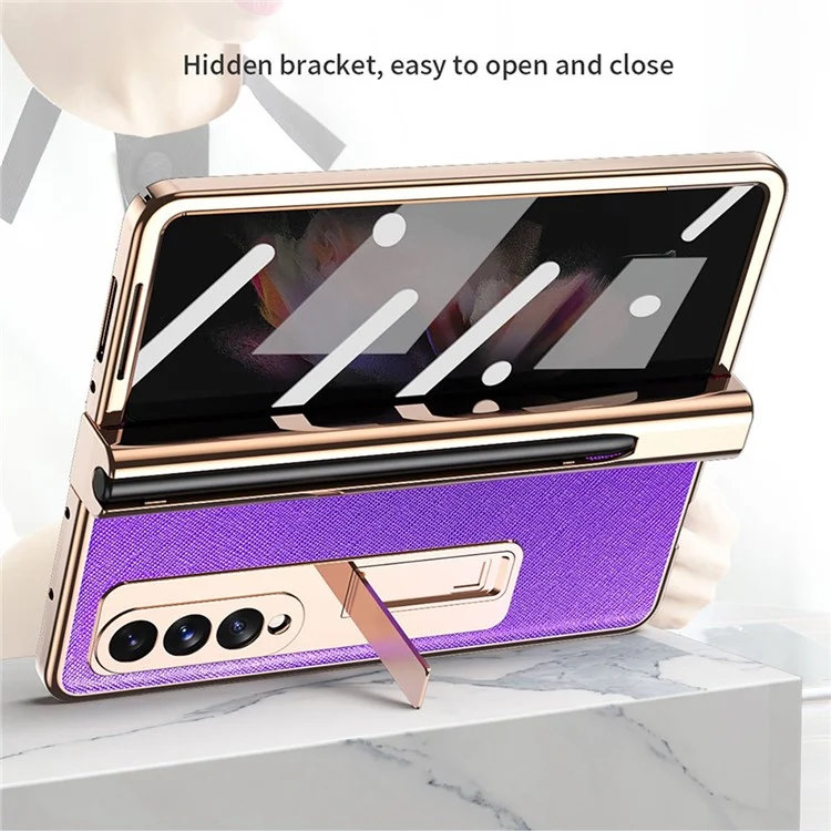 Diseño Protector de Pantalla Textura Cruzada PU Cuero TPU + PC Case de Teléfono Con Soporte Para Lápiz de Bisagra y Pateador Para Samsung Galaxy Z Fold3 5G - Negro