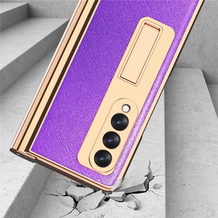 Diseño Protector de Pantalla Textura Cruzada PU Cuero TPU + PC Case de Teléfono Con Soporte Para Lápiz de Bisagra y Pateador Para Samsung Galaxy Z Fold3 5G - Negro