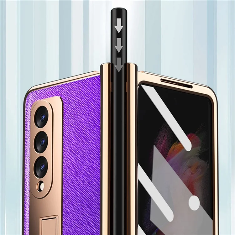 Diseño Protector de Pantalla Textura Cruzada PU Cuero TPU + PC Case de Teléfono Con Soporte Para Lápiz de Bisagra y Pateador Para Samsung Galaxy Z Fold3 5G - Negro