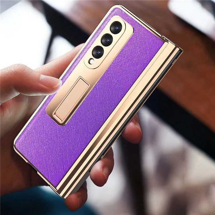 Diseño Protector de Pantalla Textura Cruzada PU Cuero TPU + PC Case de Teléfono Con Soporte Para Lápiz de Bisagra y Pateador Para Samsung Galaxy Z Fold3 5G - Negro