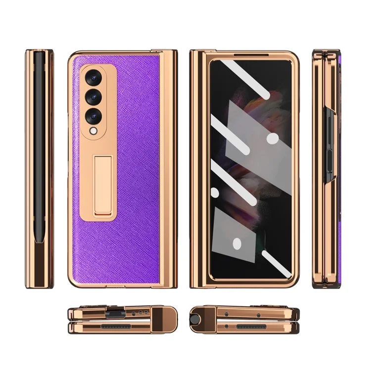 Diseño Protector de Pantalla Textura Cruzada PU Cuero TPU + PC Case de Teléfono Con Soporte Para Lápiz de Bisagra y Pateador Para Samsung Galaxy Z Fold3 5G - Negro