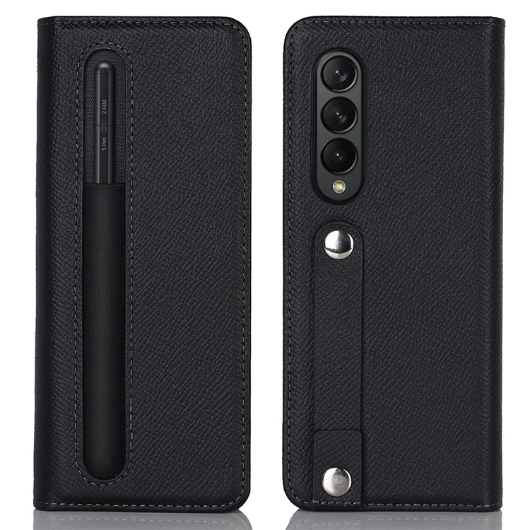 Textured Genuine Leather Case Hand Band Wallet Stand Cover with Pen Slot for Samsung Galaxy Z Fold3 5G - Black