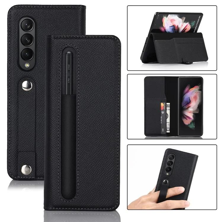 Textured Genuine Leather Case Hand Band Wallet Stand Cover with Pen Slot for Samsung Galaxy Z Fold3 5G - Black