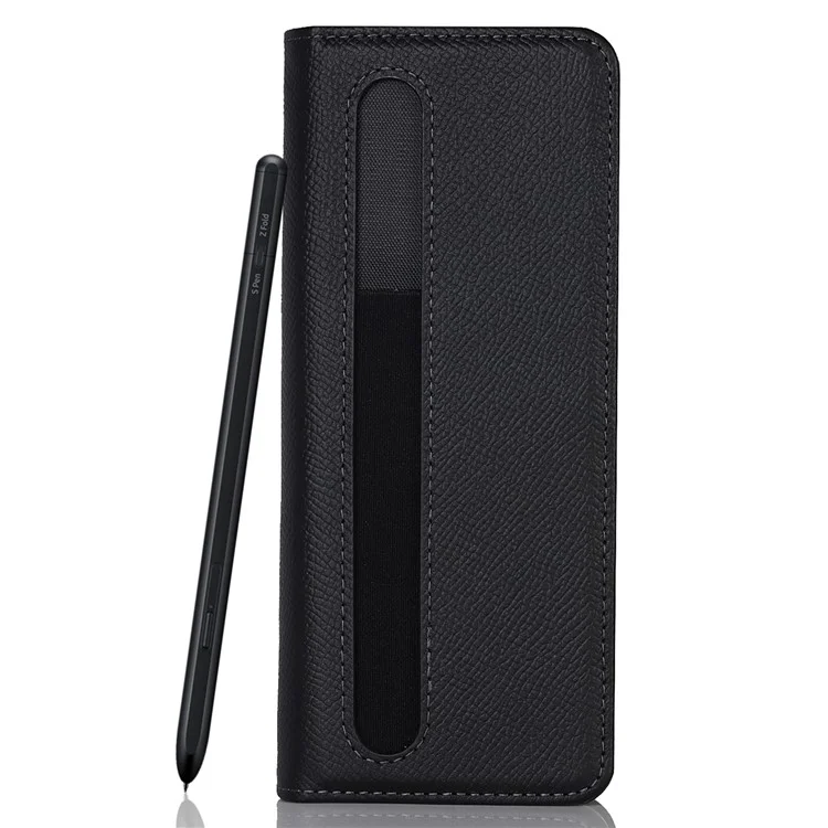 Textured Genuine Leather Case Hand Band Wallet Stand Cover with Pen Slot for Samsung Galaxy Z Fold3 5G - Black