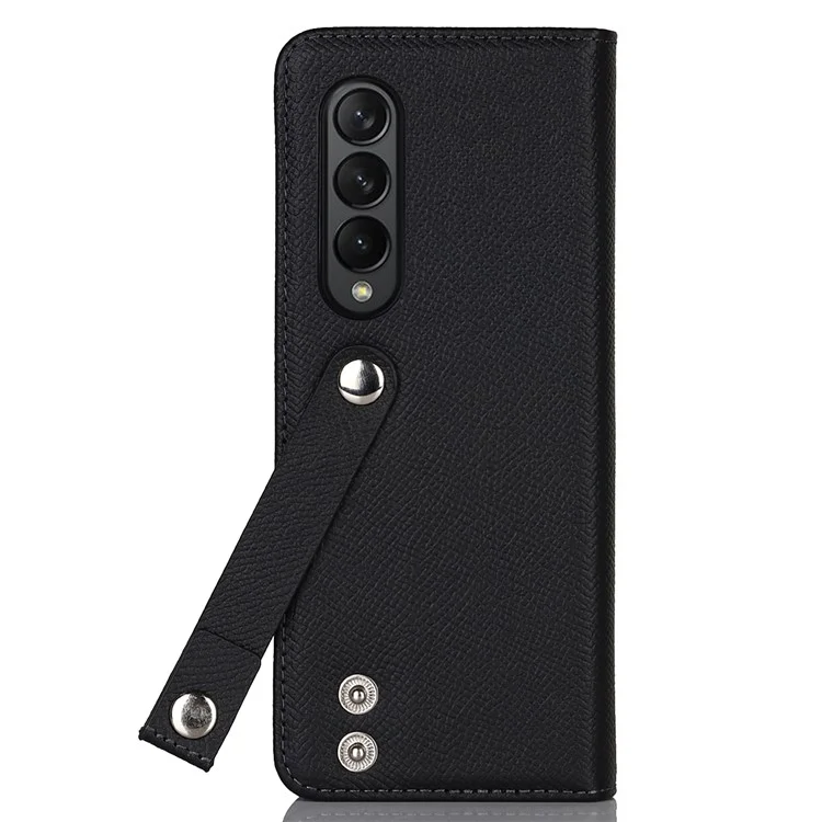 Textured Genuine Leather Case Hand Band Wallet Stand Cover with Pen Slot for Samsung Galaxy Z Fold3 5G - Black